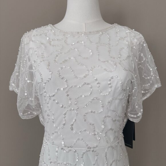 NWT Adrianna Papell White Dress $249 Flutter Sleeve Bridal Shower Women 4 Sequin - Picture 2 of 15